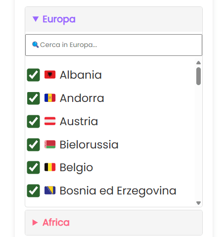 Aggiungi singoli paesi alla ruota
