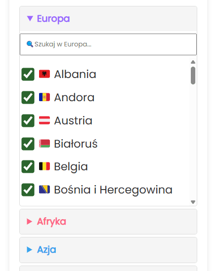 Dodaj poszczególne kraje do koła