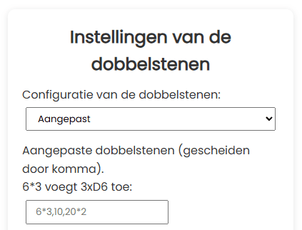 Instellingen van de dobbelstenen Aangepast