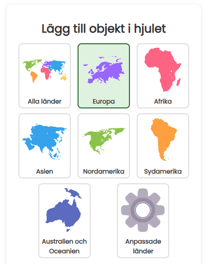 Lägg till alla länder på hjulet