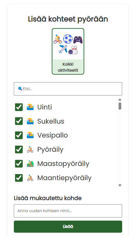 Lisää yksittäisiä aktiviteetteja pyörään
