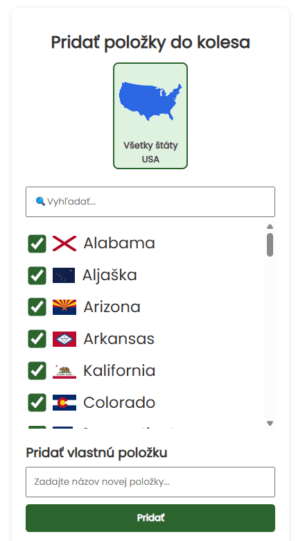 Pridať štáty USA do kolesa