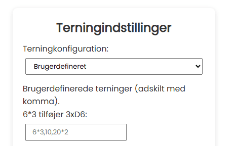 Terningindstillinger Brugerdefineret