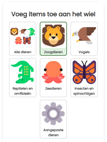 Voeg alle dieren toe aan het wiel